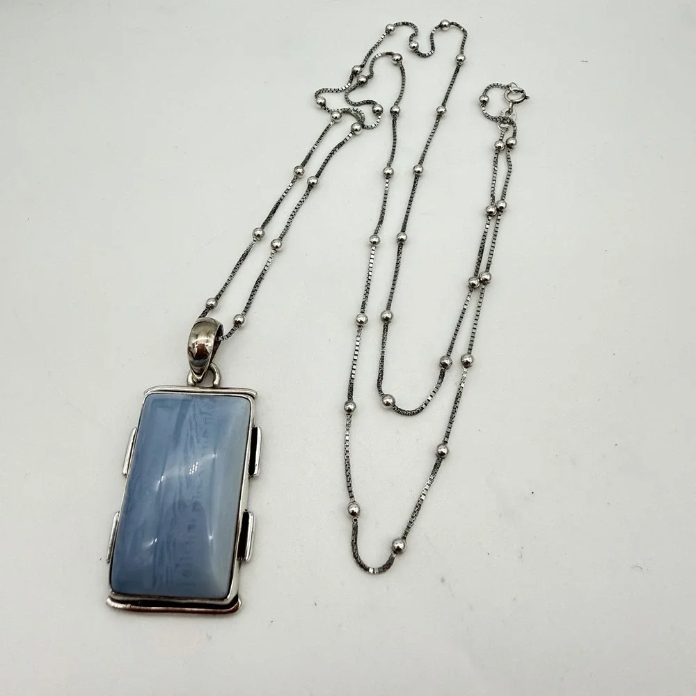 Vtg 925 Sterling Silver Blue Lace Agate Pendant Necklace Box Ball İtaly Chain 26